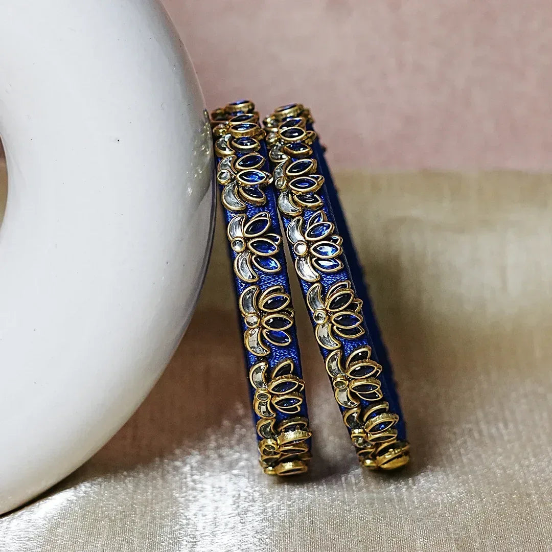 Handcrafted Silk Thread Kada Bangles with Lotus Motif for Women & Girls (Pack of 2) - The Golden Cascade